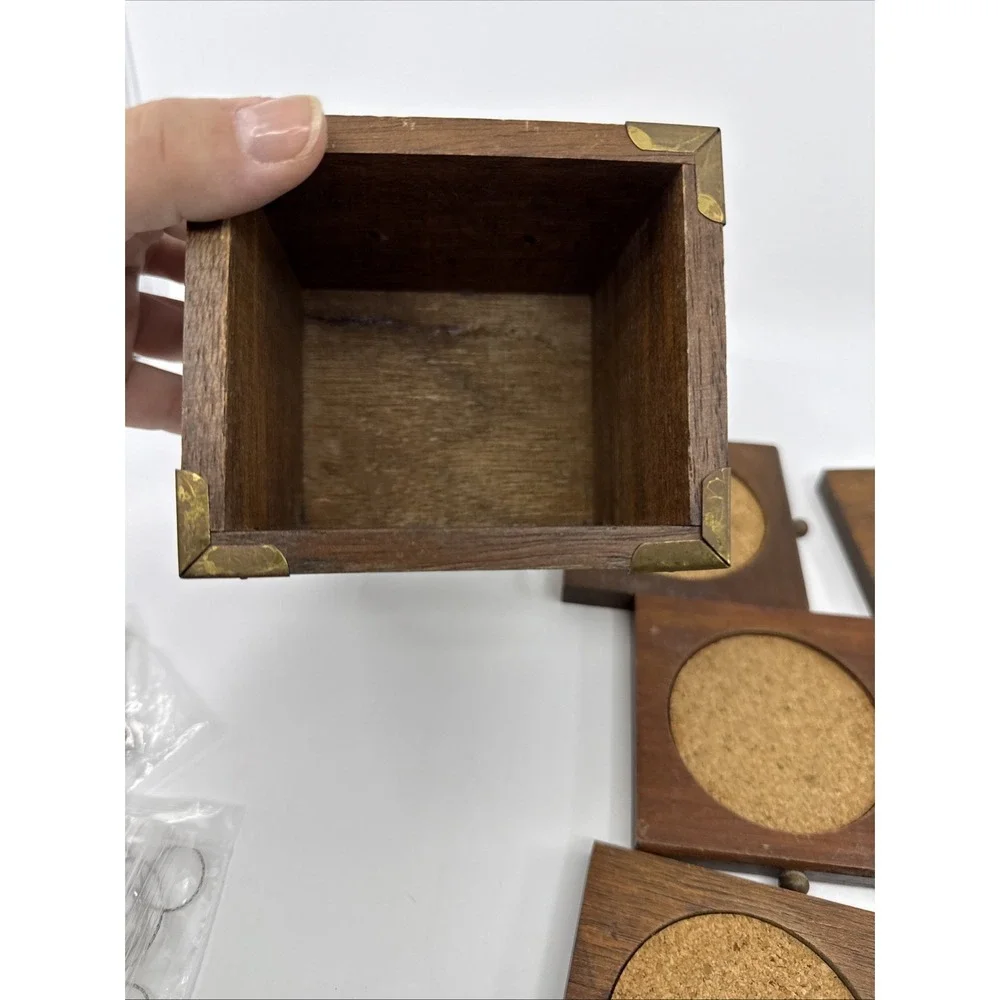 Vintage MCM 6 Coasters Set Wood Metal Cork Mid Century Modern Stacking 4